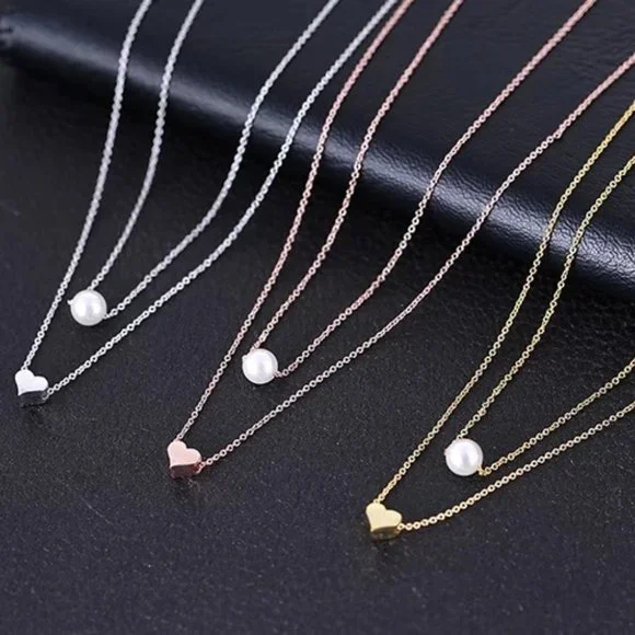 925 Sterling Silver Double Layer Pearl Heart Necklace - Picture 6 of 10